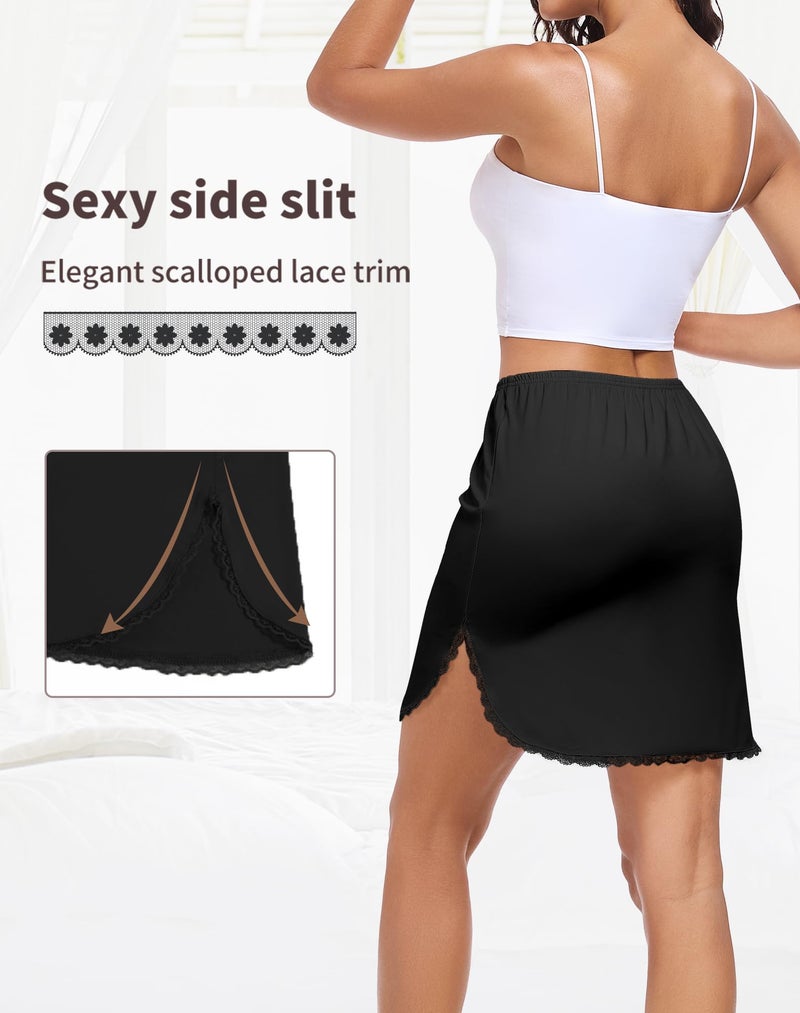 MANCYFIT Half Slips for Women Underskirt Short Mini Skirt with Floral Lace Trim Black Large - Image 3